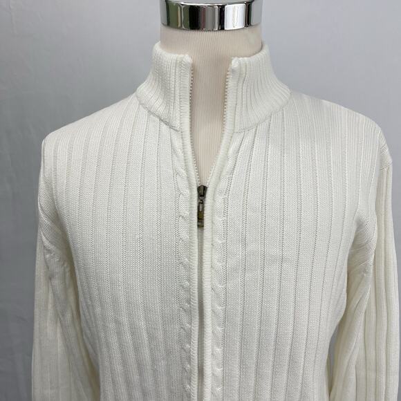 Men's Sweater Zip Up Collared Cotton Ribbed Knit White Cardigan Size Medium - Picture 2 of 5